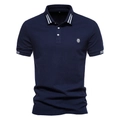 Men's navy cotton polo shirt with white stripes on collar and lion embroidery - S / Tops / Navy Blue