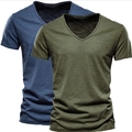 Pack de 2 t-shirts col en V pour hommes en bleu marine et vert olive coton flammé - S / Hauts / Lot de 2 / Bleu Marine + Vert Militaire
