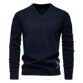 Classic dark blue men's V-neck long sleeve knitted sweater with ribbed cuffs and hem - M / Navy Blue