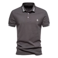 Dark grey cotton Polo shirt with white stripes on collar and lion head embroidery - Dark Gray