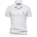 Classic white cotton polo shirt for men featuring a blue giraffe embroidery on chest - S / Tops / White