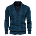 Men's navy blue cable knit cardigan with shawl collar and five brown buttons - M / Tops / Navy Blue