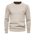 Beige crewneck cotton sweater for men featuring premium diamond knit texture on white background - S / Khaki
