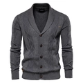 Men's dark grey shawl collar cardigan sweater with cable knit pattern and buttons - M / Tops / Dark Gray
