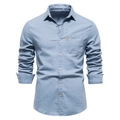Front view of light blue denim shirt with chest pocket and white buttons on white background - 2XL / Light Blue