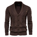 Men's heavy knit shawl collar cardigan in dark brown with classic cable knit textures - M / Tops / Coffee