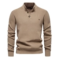 Men's khaki knit sweater with standing collar and stylish half-placket button design - S / Tops / Dark Khaki