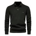 Men's dark green slim fit ribbed knit sweater with button stand collar design - Dark Green