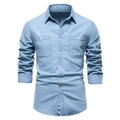 Classic light blue denim long sleeve shirt with chest pockets in a slim fit style - XL / Light Blue