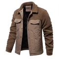 Men's tan patchwork sherpa fleece jacket with quilted lining and button pockets - S / Tops / Khaki