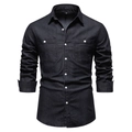 Classic men's black long sleeve denim shirt with double chest pockets and contrast buttons - S / Black