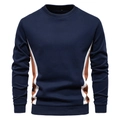 Navy blue men's crewneck pullover with white and brown contrast side stripes - M / Tops / Navy Blue