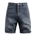 Short en jean rétro pour homme avec motif étoilé, texture chevron et ourlets repliés - S / Bas / Bleu Moyen
