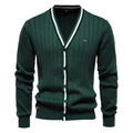 Cárdigan de hombre verde oscuro con cuello en V, rayas verticales y bordes en contraste - Verde