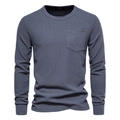 Graublaues Waffelstrick-Langarmshirt für Herren mit Rundhalsausschnitt und Brusttasche - Dunkelgrau