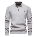 Light gray quarter-button knit sweater for men with high collar and ribbed texture - S / Light Gray