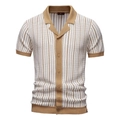 Men's summer vertical striped knit polo shirt with white and khaki Cuban collar design - S / Tops / Khaki