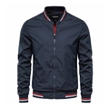 Men's dark blue varsity bomber jacket with red and white striped ribbed trim detailing - M / Tops / Navy Blue