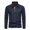 Polo à manches longues bleu marine pour hommes en coton avec broderie cerf orange - Bleu Marine et Orange