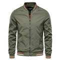 Men's olive green bomber jacket with orange striped ribbed cuffs and metallic zipper - M / Tops / Green