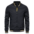 Men's black bomber jacket with striped ribbed collar and sporty urban casual style - M / Tops / Black