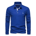Polo à manches longues bleu roi en coton avec broderie girafe blanche et col contrasté - Bleu Saphir