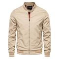 Men's khaki bomber jacket with baseball collar and striped ribbed cuffs for casual wear - M / Tops / Khaki