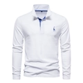 Polo à manches longues pour homme en coton blanc avec broderie cerf et col contrasté - Blanc