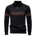 Men's business casual quarter-zip knit sweater in black with brown chest stripe detail - Black