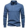 Men's blue half-zip fleece sweatshirt with stand collar and ribbed cuffs in plain white background - S / Tops / Denim Blue