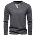 Men's long sleeve dark grey cotton Henley shirt with v-neck and double button detail - S / Dark Gray