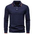 Navy blue long sleeve polo shirt for men with classic lapel and striped collar details - S / Tops / Navy Blue