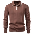 Men's brown knit polo sweater with half-button collar and white contrast piping details - S / Tops / Brown