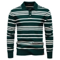 Men's green and white striped long sleeve polo sweater with three-button placket - S / Dark Green