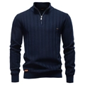 Men's dark blue quarter-zip striped sweater with stand collar and textured knit design - S / Tops / Navy Blue