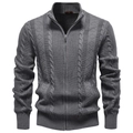 Men's grey high neck knit cardigan sweater with chunky cable texture and full zipper - S / Gray