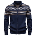 Men's dark blue zip-up cardigan with geometric pattern and ribbed cuffs and hem - S / Tops / Navy Blue