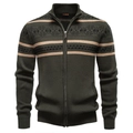Men's olive green zip-up knit cardigan jacket with geometric chest patterns and stand collar - S / Tops / Army Green
