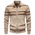 Men's beige knit cardigan sweater with geometric patterns and stand collar zip closure - S / Tops / Apricot