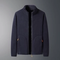 Detail view of navy blue fleece jacket with contrast orange zippers and warm inner collar - L / Men's Dark Blue