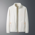 Close-up of cream fleece jacket featuring orange zipper detail and textured warm fabric - L / Men's Ivory White
