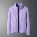 Detail view of lavender fleece jacket with high collar and bright orange zipper pullers - M / Women Roland Purple