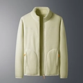 Detailed view of beige fleece jacket with lamb wool collar and orange zipper pullers - M / Women Mint Yellow