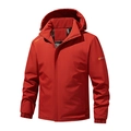 Men's bright red outdoor hooded windproof jacket with adjustable drawstring and logo - Red