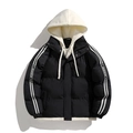 Men's black and white hooded puffer jacket with JWEES side stripes and layered design - XS / Black