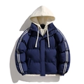 Men's navy blue padded hooded jacket with white contrast lining and striped sleeves - XS / Dark Blue