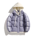 Close-up of contrast puffer jacket details showing logo print and striped sleeves - XS / Purple