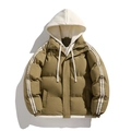 Men's khaki oversized puffer jacket with white contrast hood and sleeve stripes - XS / Coffee