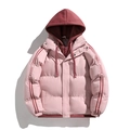 Detail of pink hooded puffer jacket with dark red sleeve stripes and JWEES print accents - XS / Pink