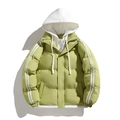 Detail view of avocado green puffer jacket showing white double stripes and JWEES branding - XS / Mustard Yellow
